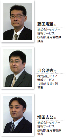 情報サービス　技術部 運用管理課　課長　藤田規雅氏　　情報サービス　技術部　技術１課　参事　河合浩志氏　　情報サービス　技術部　運用管理課　係長　増田吉公氏